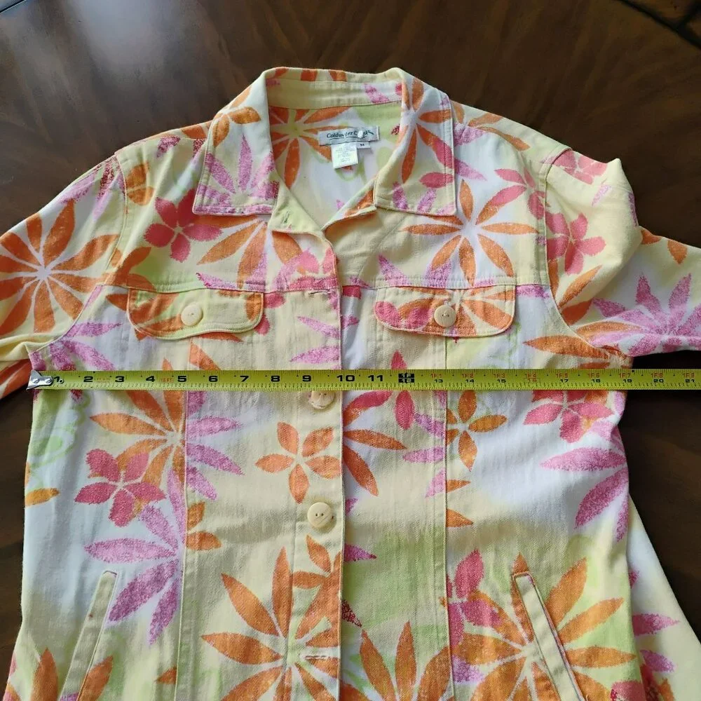 Coldwater Creek Womens Floral Button-Up Cotton Jacket Size M Yellow Pink Orange